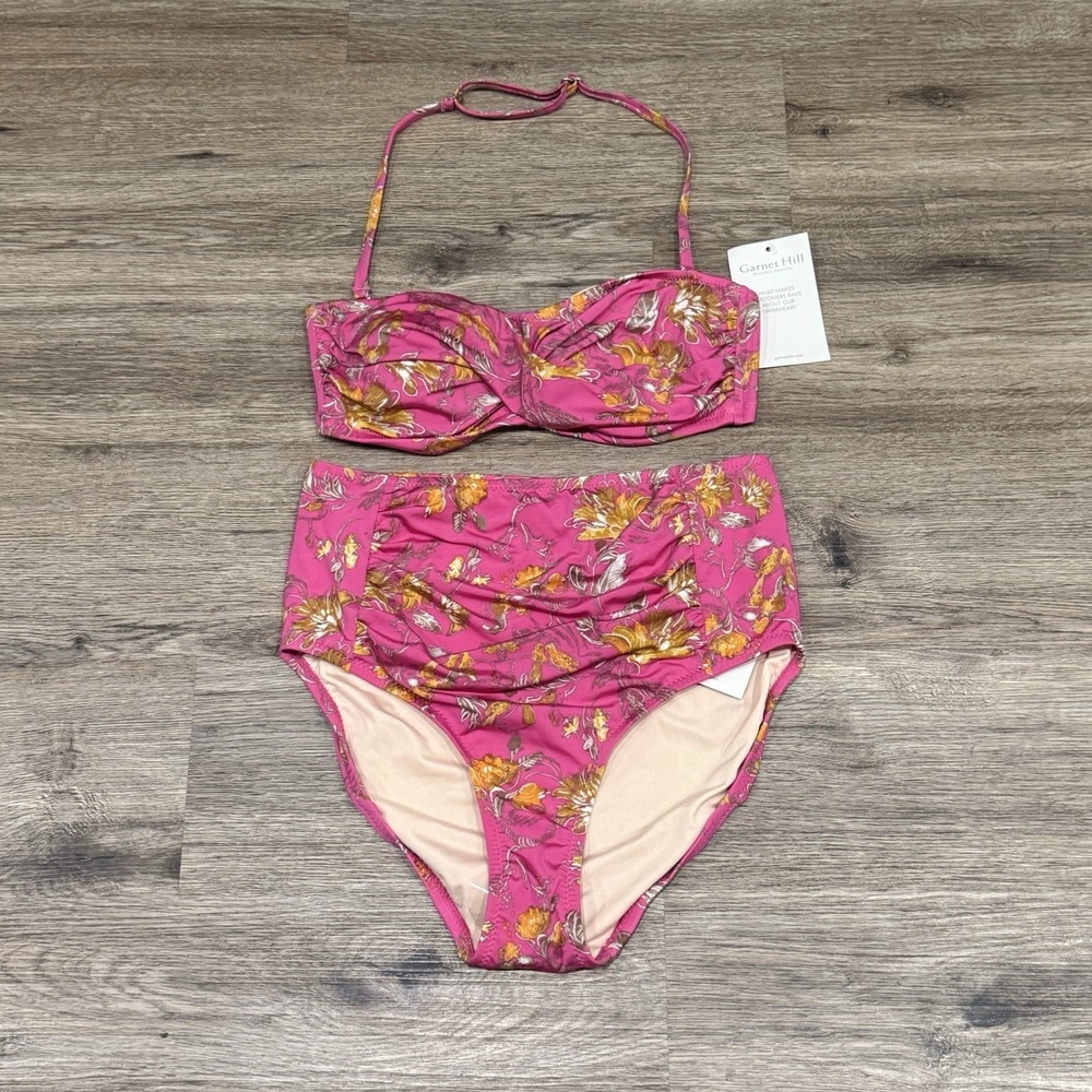 NWT Garnet Hill Bikini Pink Gold Floral Set Top Sz 2 / Bottom Sz 4 - Picture 2 of 9